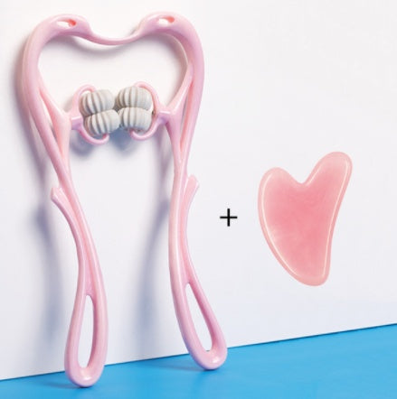 Pink neck roller and pink heartshaped on a white and blue background.