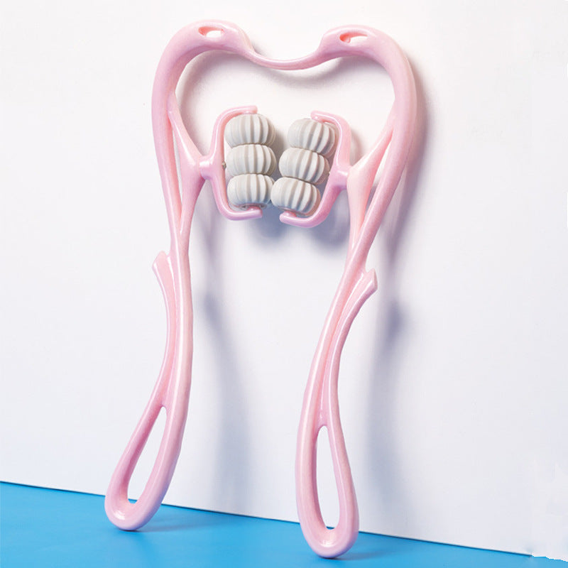 Pink neck roller with textured surface on a white and blue background.