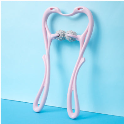 Pink shaped roller for neck on a blue background.
