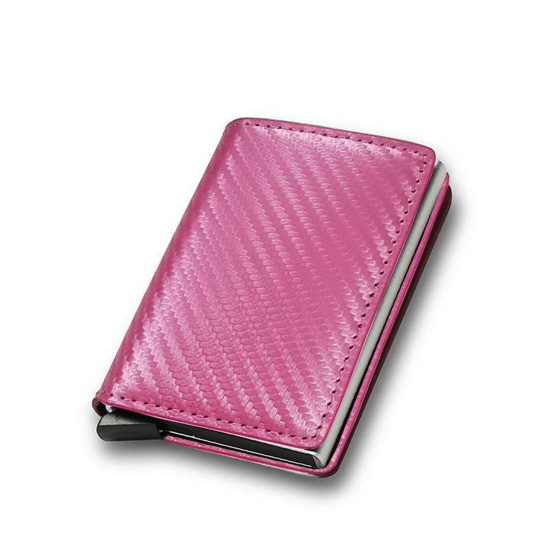 Pink textured smart cardholder on white background.