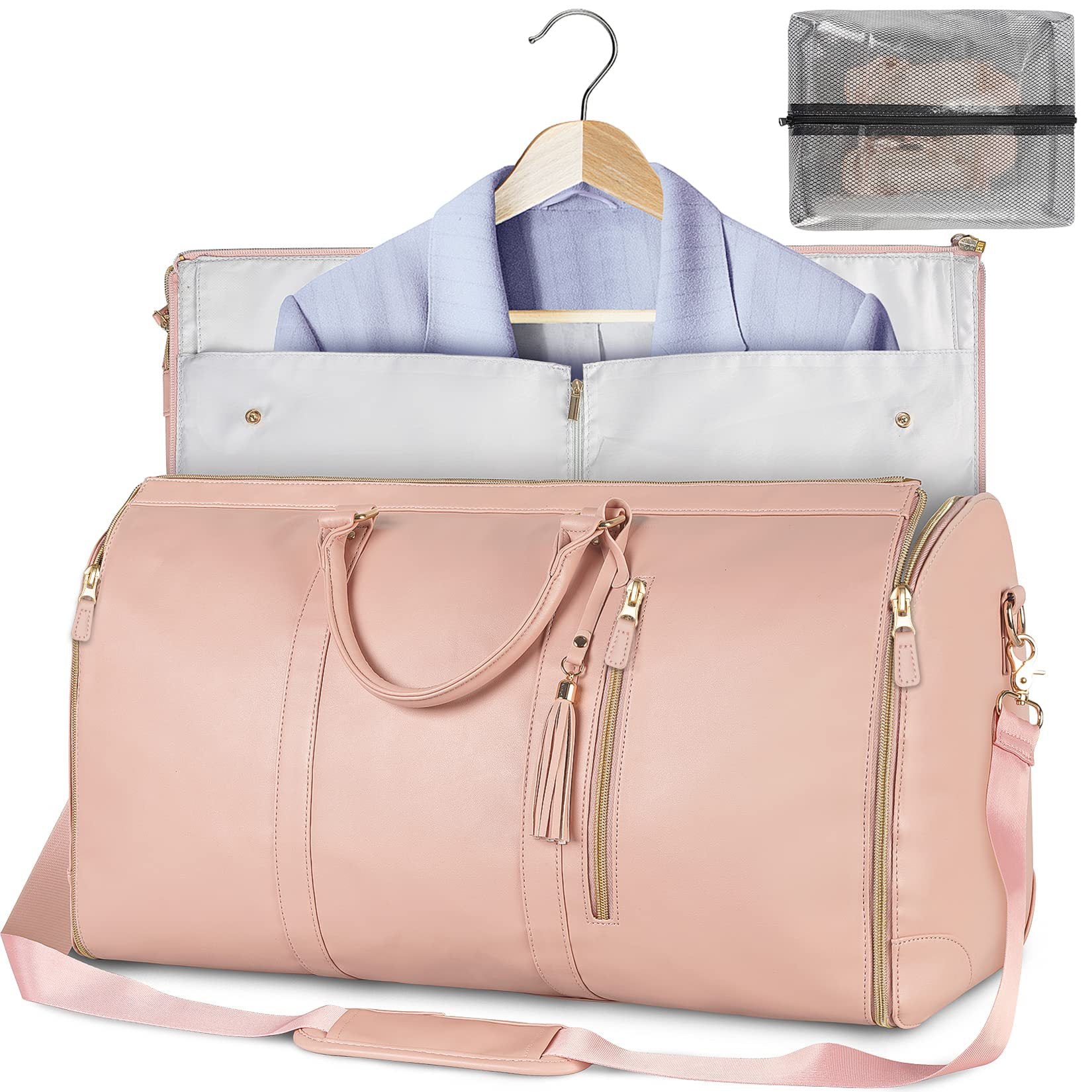 Pink travel bag with a hanger and garment inside, on a white background.
