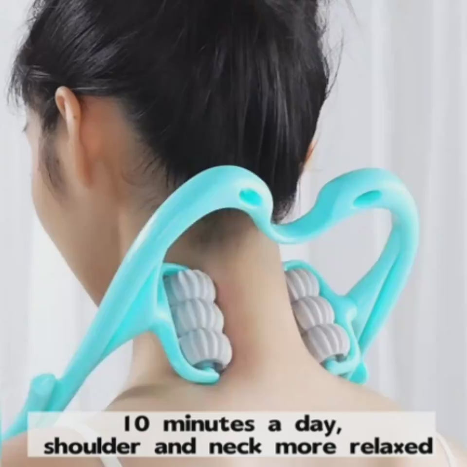 Woman using a multifunction electric massager to relax neck and shoulders with daily 10-minute massage, also demonstrating use on legs and back for muscle relaxation and full-body relief.