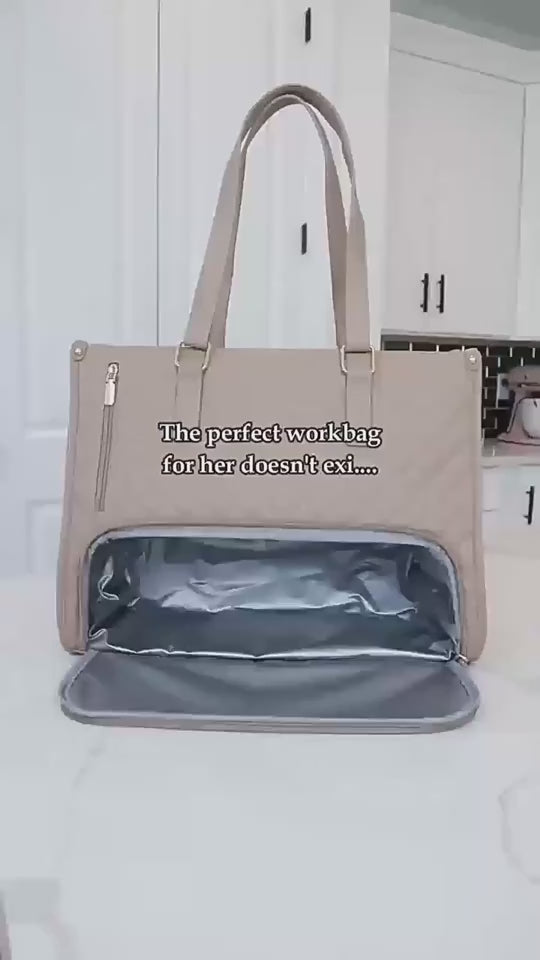 Woman packing meals, laptop, wallet, and notebook into a large capacity foldable waterproof travel duffle bag, zipping it and lifting the bag.