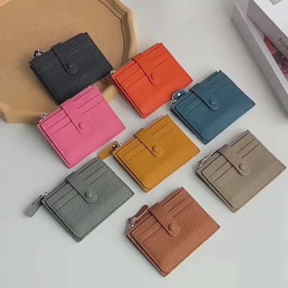 Collection of leather short walets in various colors for everyday use.