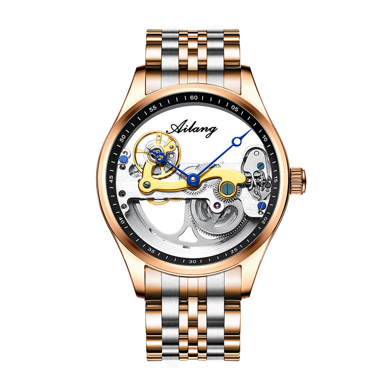 Luxury watch with visible mechanical components on a white background.