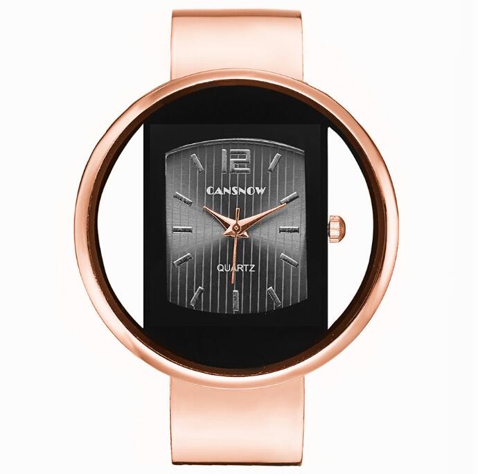 Rose gold women´s watch with «CANSNOW» branding on white background.