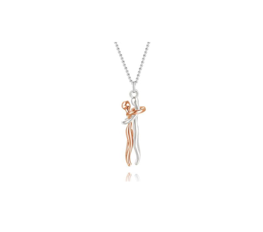Two-tone necklace with a silver and rose gold pendant on a white background.