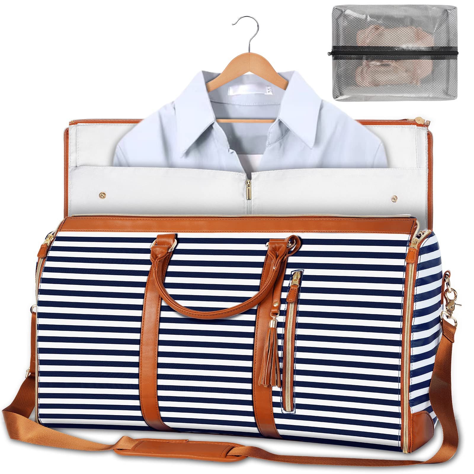 Sapphire striped duffel bag with brown leather accents, a shirt on a hanger, and a clear packing cube.
