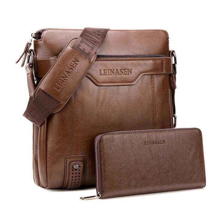 Set with khaki leather bag and wallet with «LEINASEN» branding on a white background.