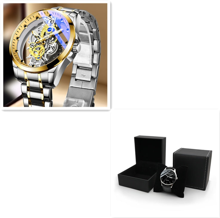 Silver mechanical men´s watch with gold case and black box on white background.