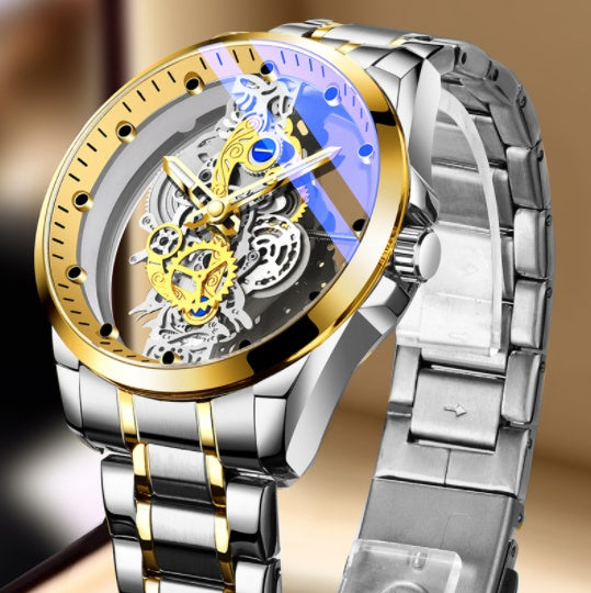 Luxury silver and gold mechanical watch with intricate design on a gradient background.