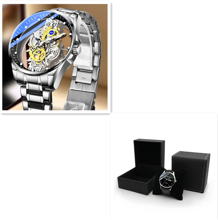 Silver mechanical men´s watch and black box on white background.