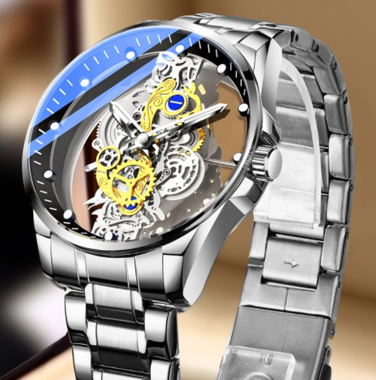 Silver wristwatch with a detailed mechanical design on a blurred background.