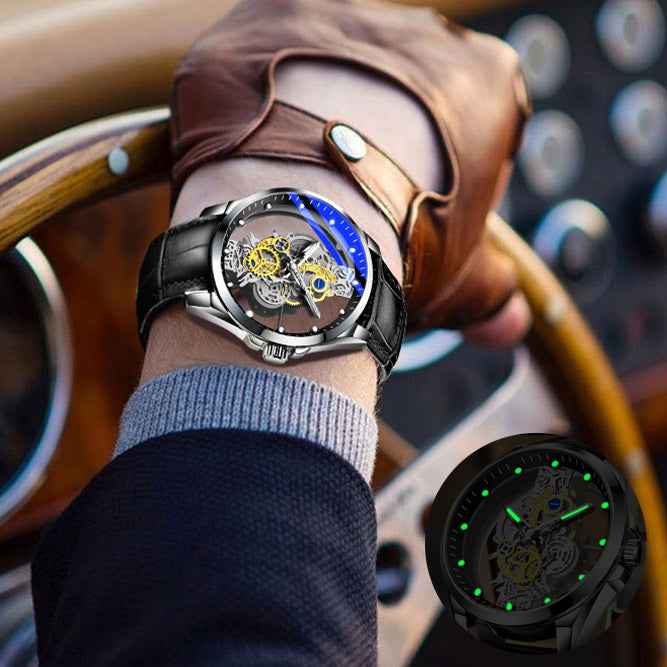 Person wearing a black wristwatch with a visible mechanical movement, luminescent dial, sitting inside a vintage car.