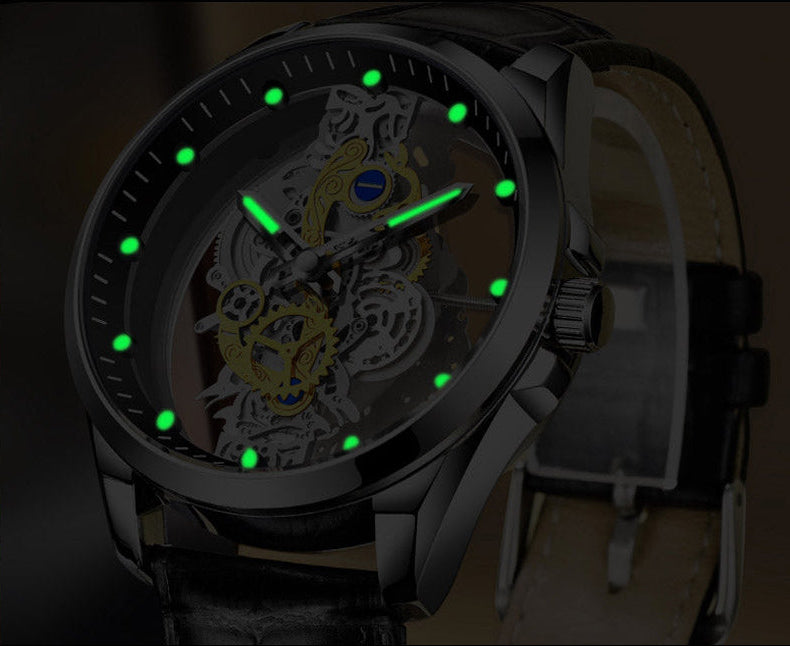 Silver wristwatch, black strap and visible mechanical movement, luminescent dial, visible in low light.