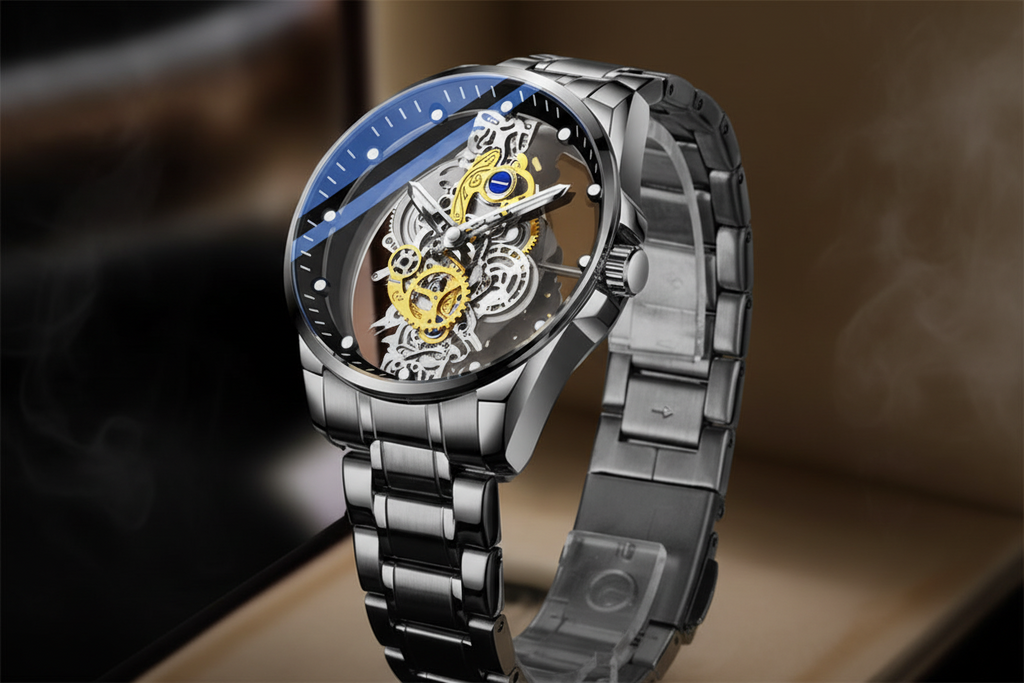 Luxury watch with intricate design on a dark background.