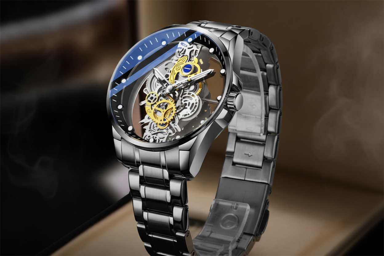 Luxury watch with intricate design on a dark background.