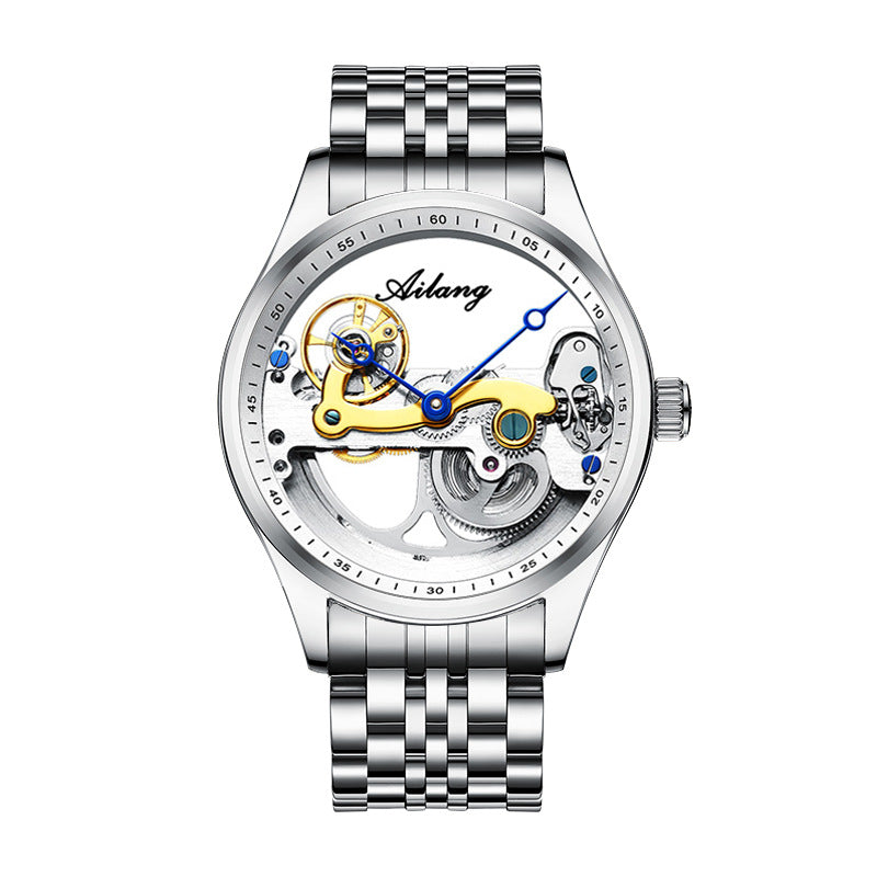 Silver watch with visible mechanical components on a white background.