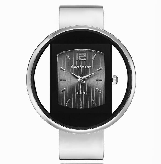 Silver women´s watch with «CANSNOW» branding on white background.