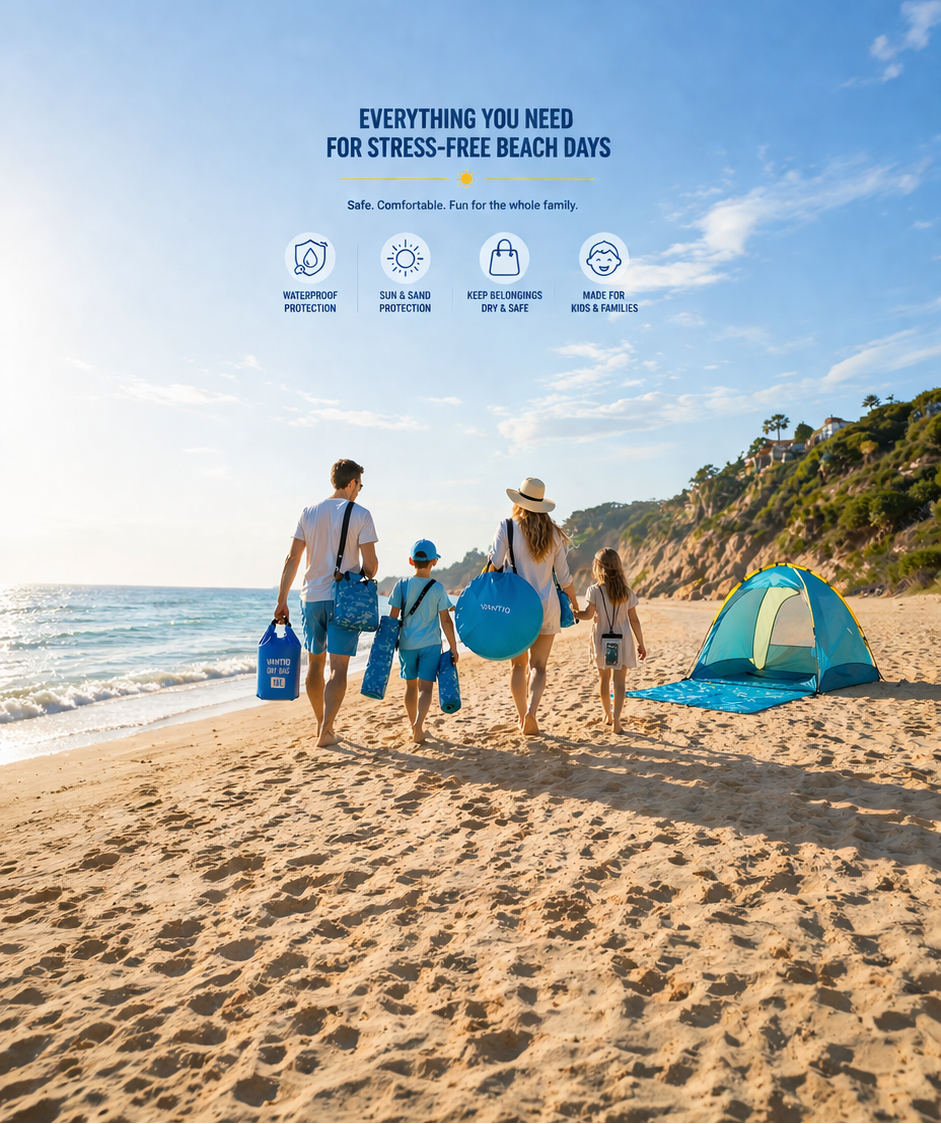 Family on a stress-free beach day with gear, including a tent and bags under a clear blue sky.