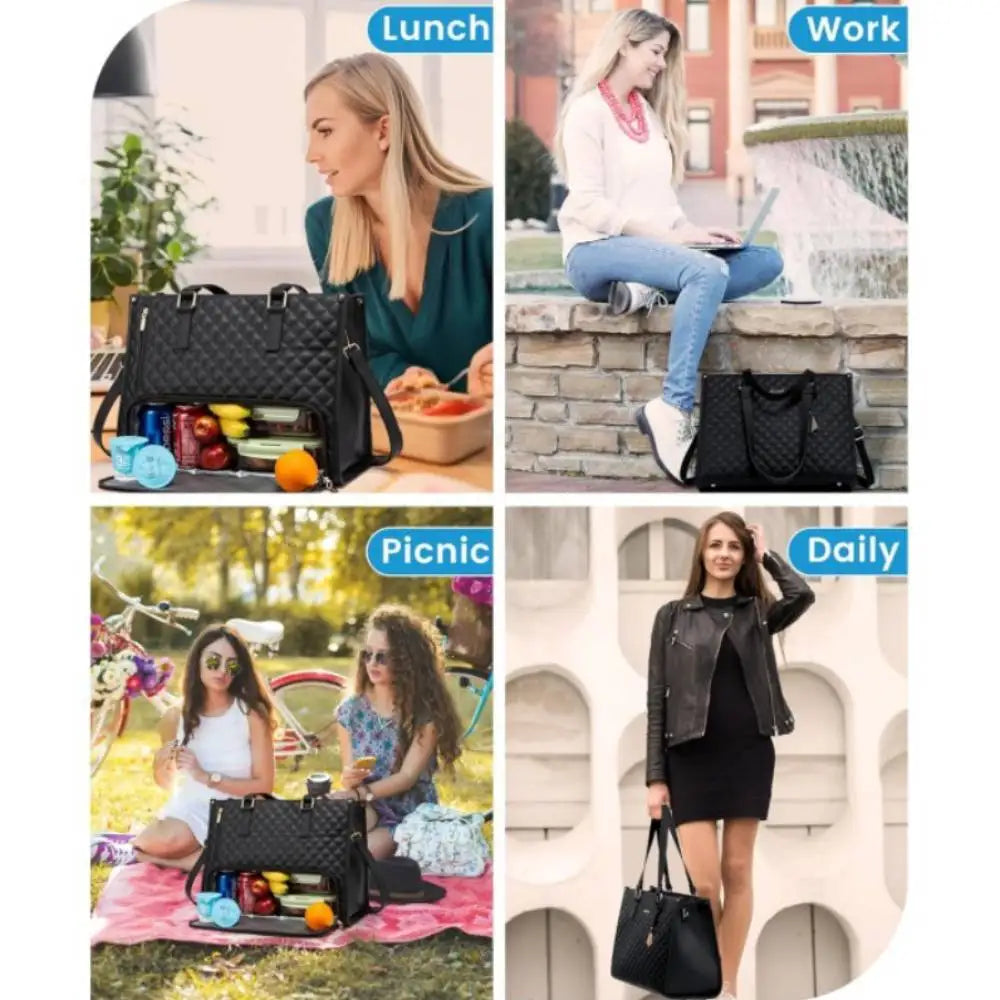 Collage of a woman using a black handbag for lunch, work, picnic and daily activities.
