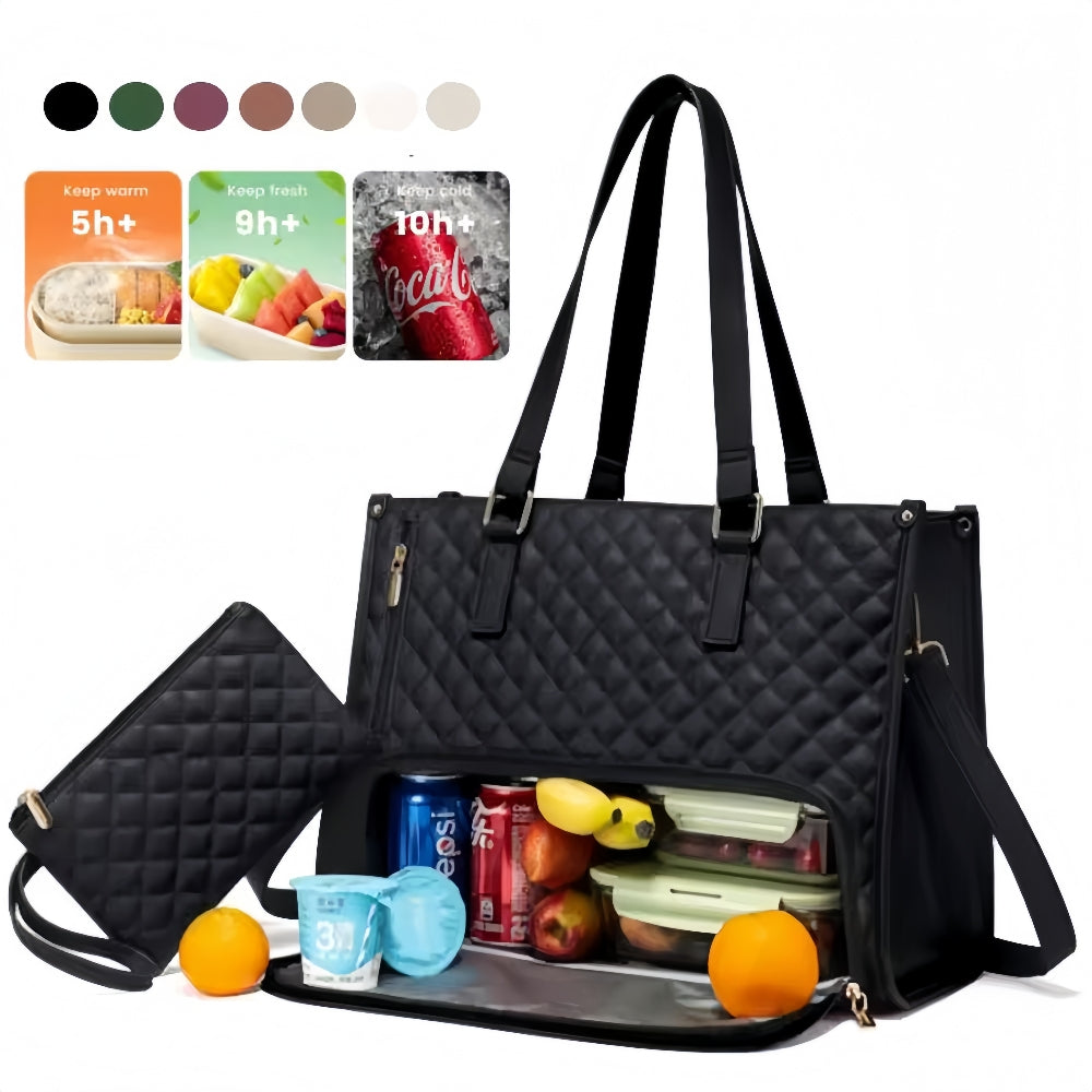 Black quilted handbag with compartments containing food items and drinks on a white background.