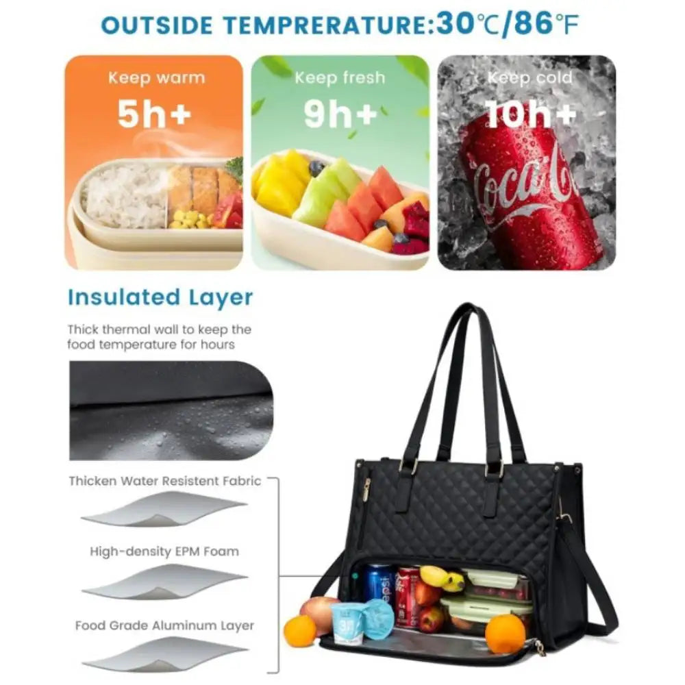 Black insulated tote bag with food items and temperature retention graphics on a white background.
