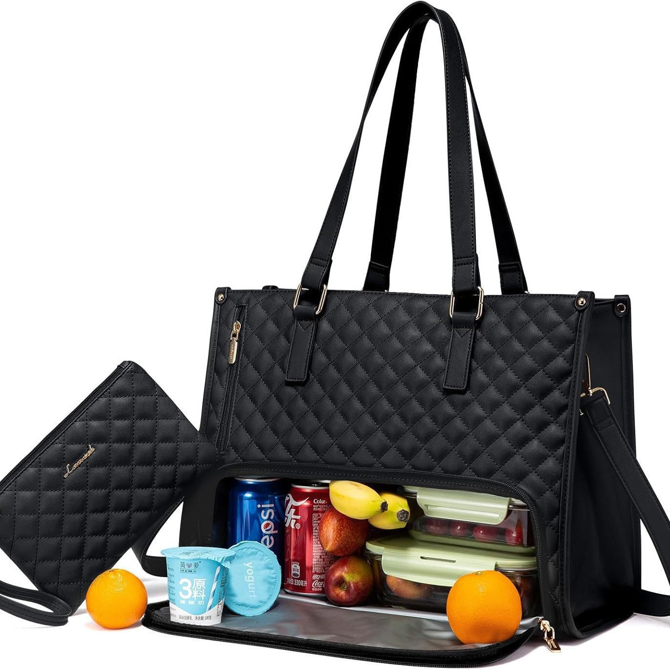 Black quilted handbag with compartments containing snacks and drinks on a white background.