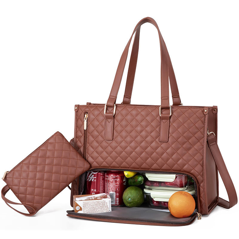 Brown quilted handbag with a smaller pouch, containing snacks and fruits on a white background.