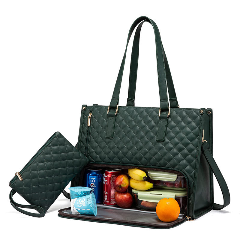 Green quilted handbag with compartments containing snacks and drinks on a white background.