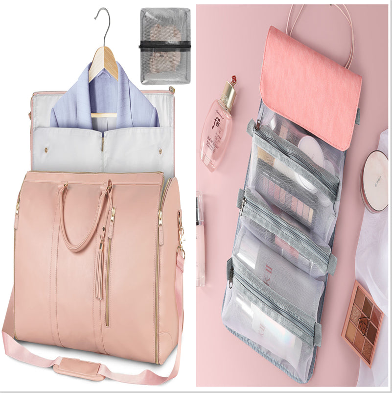Pink backpack with organized compartments and a hanging organizer with makeup items.