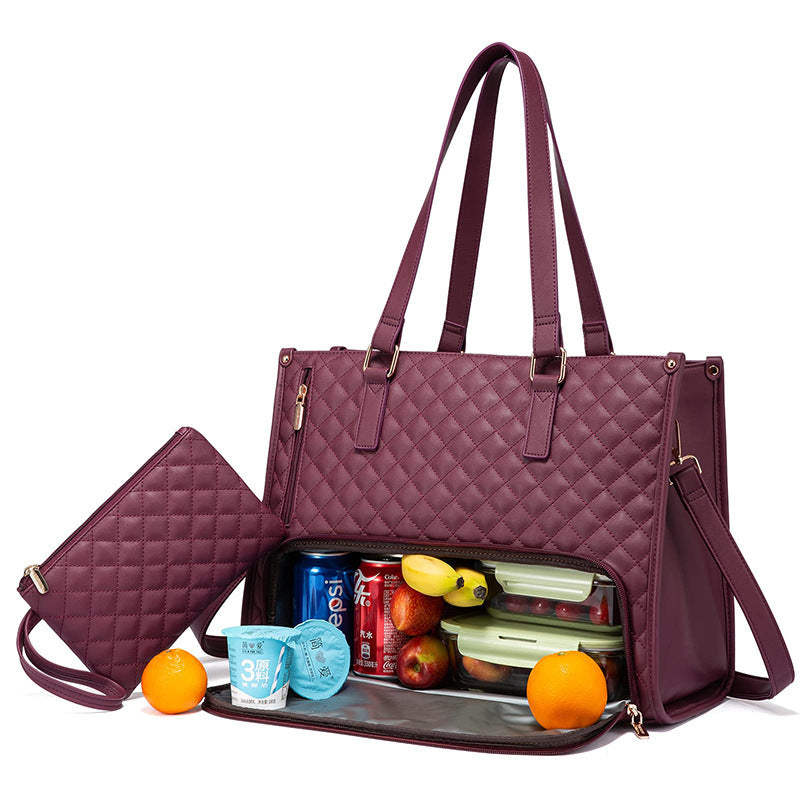 Quilted purple tote bag with compartments containing snacks and drinks on a white background.