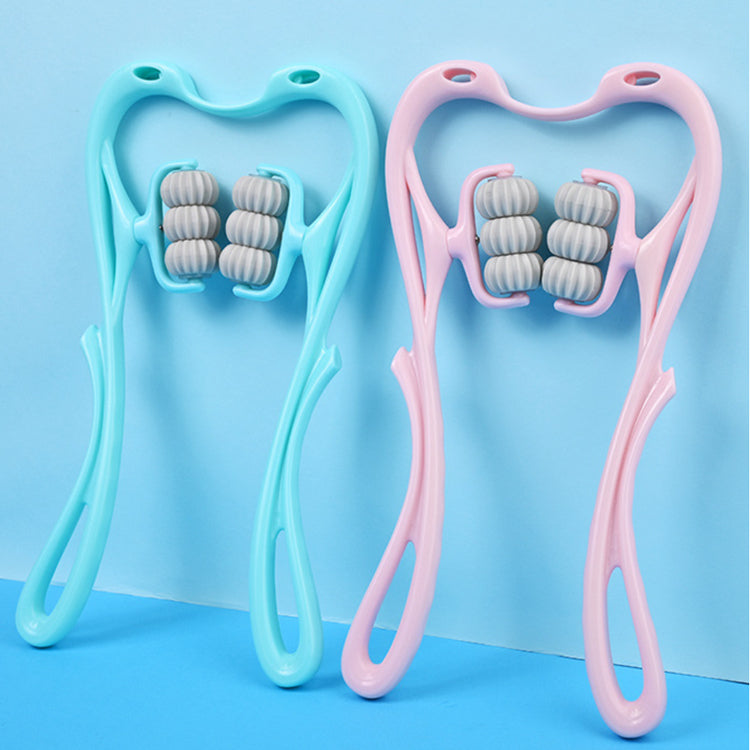 Two handheld massage tools, one blue and one pink, on a blue background.