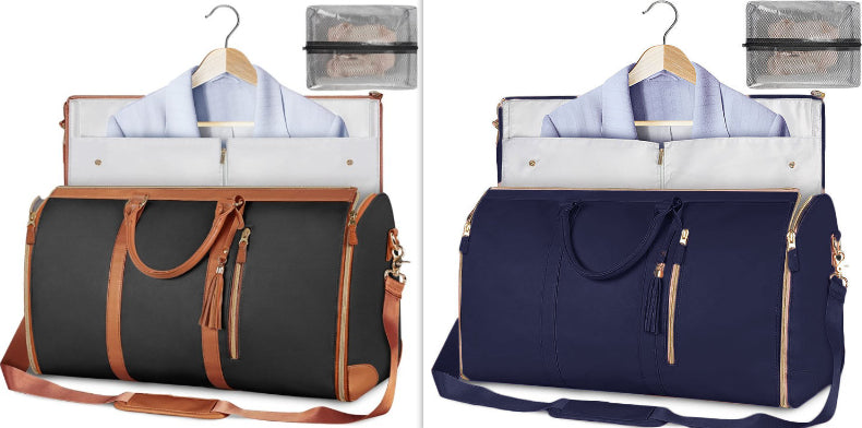 Two travel bags, one black with brown straps and the other navy blue, with hangers and shirts inside.