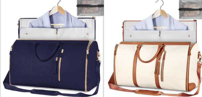 Two travel bags, one navy and one white with brown straps, with shirts inside.