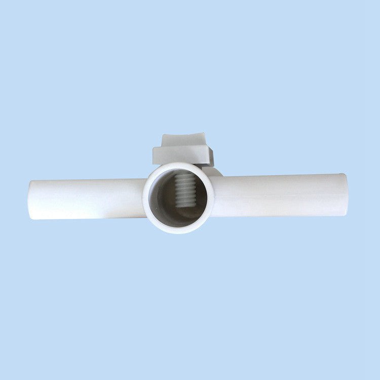 White umbrella with spiral plastic pipe fitting on a light blue background.