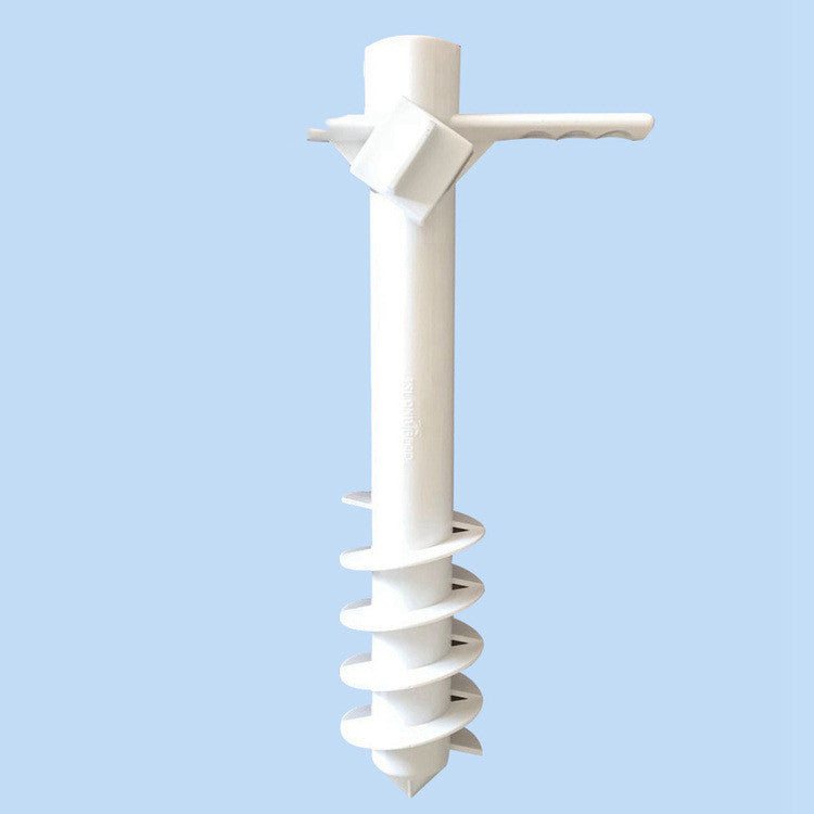 White beach umbrella sand anchor spiral plastic screw on a light blue background.