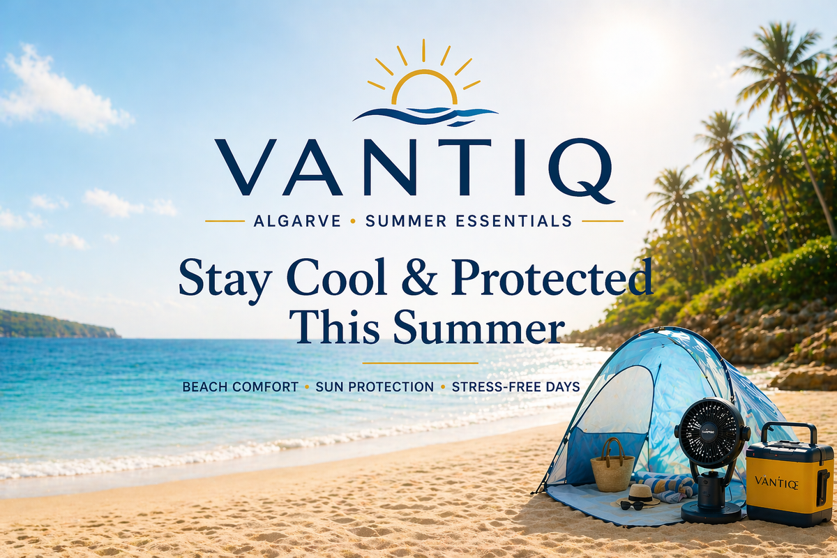VANTIQ Algarve summer essentials beach setup with cooling fan, tent and portable cooler for comfortable beach days.