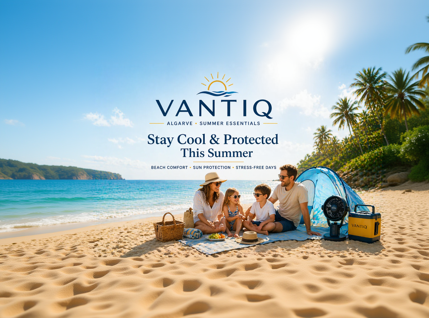 Family relaxing on Algarve beach with VANTIQ summer essentials including tent, fan and cooler for a comfortable and protected beach day.