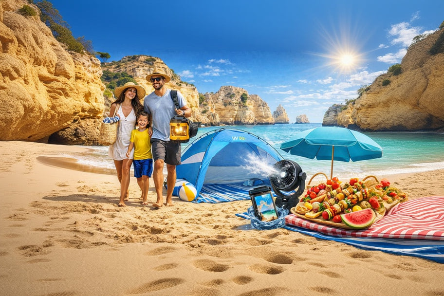 Family on a beach with a tent, umbrella and picnic setup.