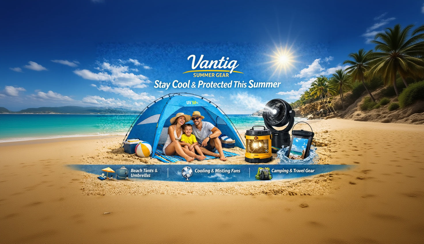 Family relaxing on a sunny beach with Vantiq summer gear including cooling fan, tent and travel accessoriers.