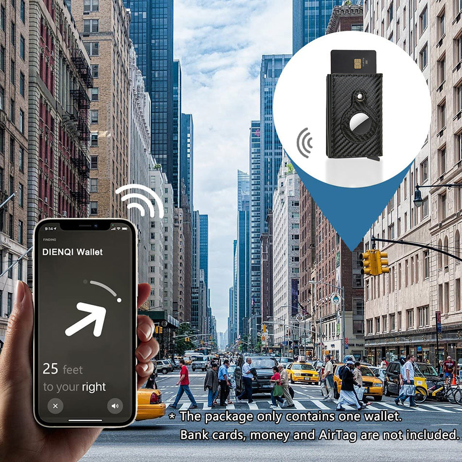 Hand holding smartphone with DIENQI Wallet app on city street background.