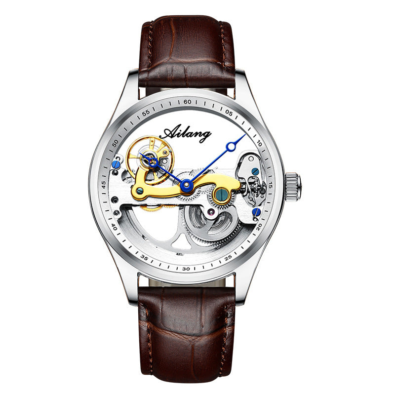 Watch with brown leather strap and visible mechanism on a white background.