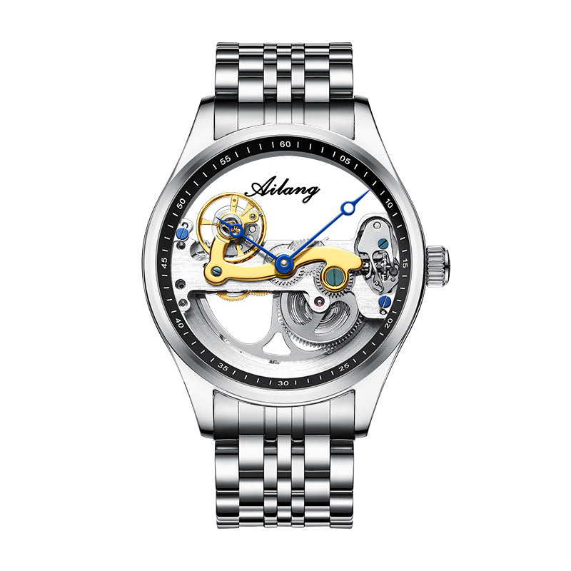 Silver watch with visible mechanism on a white background.