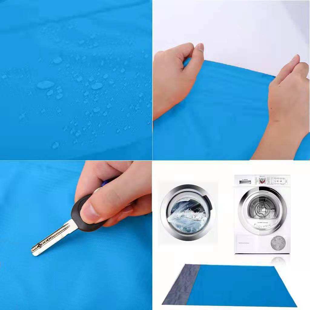 Collage of a blue mat with water droplets, hand holding key and washing machines.