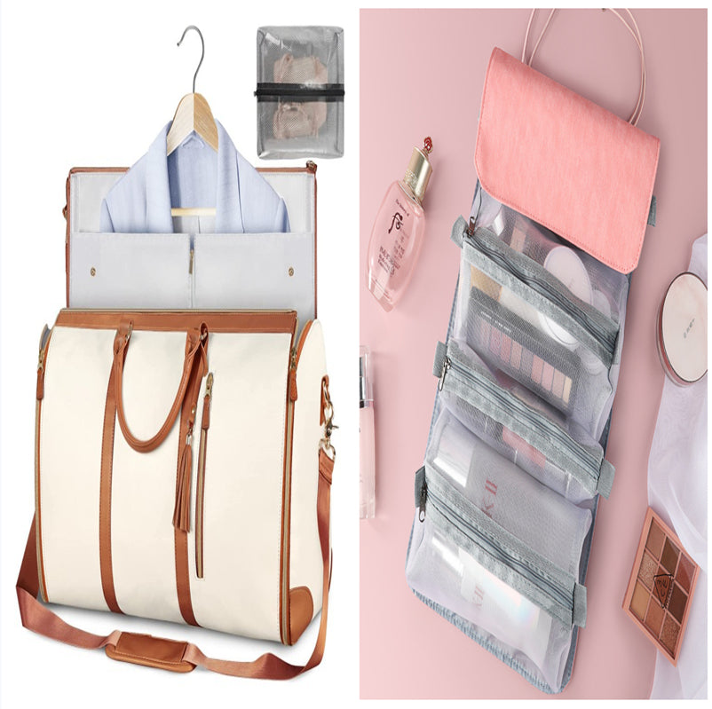 Collage of a white tote bag with brown straps and a pink hanging organizer with makeup items.